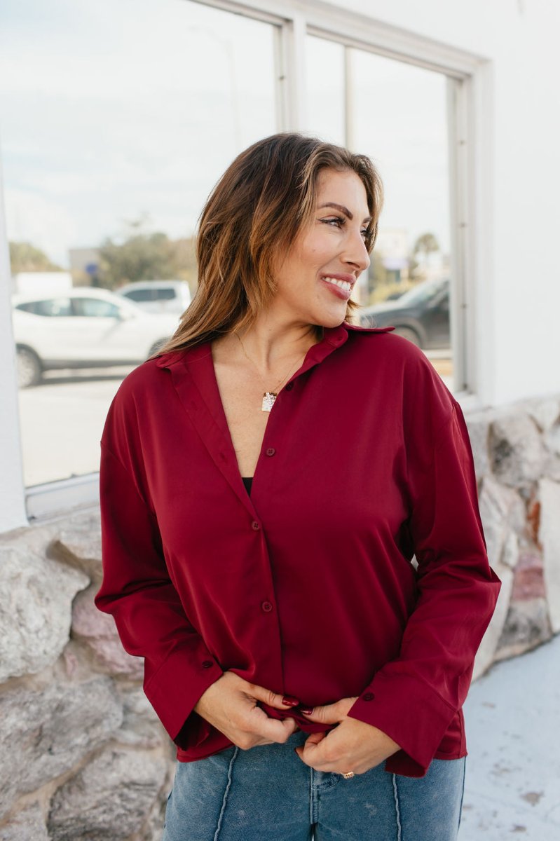 Classic Kathryn Button Up Top in Maroon - Reg & Curvy