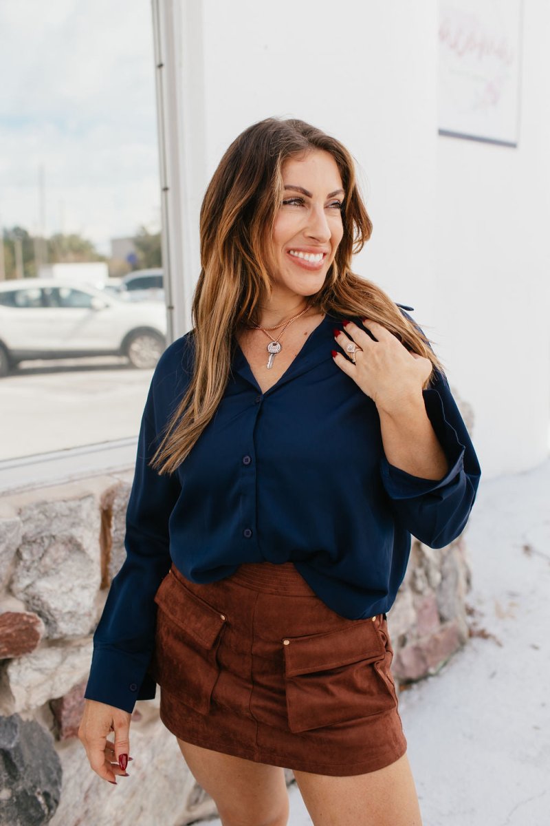 Classic Kathryn Button Up Top in Navy - Reg & Curvy - Macoma Boutique120 Long Sleeve