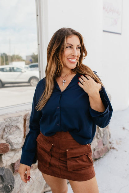 Classic Kathryn Button Up Top in Navy - Reg & Curvy - Macoma Boutique120 Long Sleeve