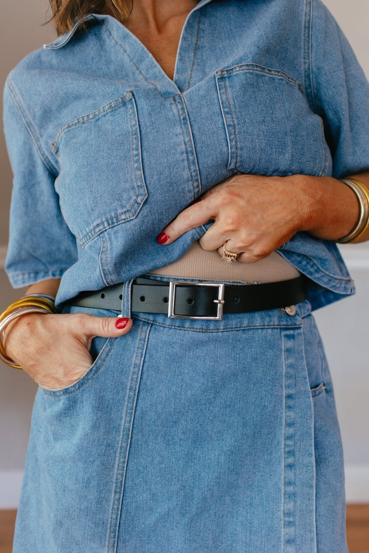 Classic Rectangle Buckle Leather Belt In Black - Macoma Boutique310 Accessories/Jewelry