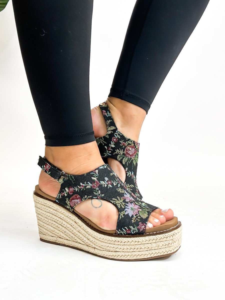 Corky's Black Brocade Floral Freddie Wedges - FINAL SALE - Macoma Boutique302 Wedges & Heels