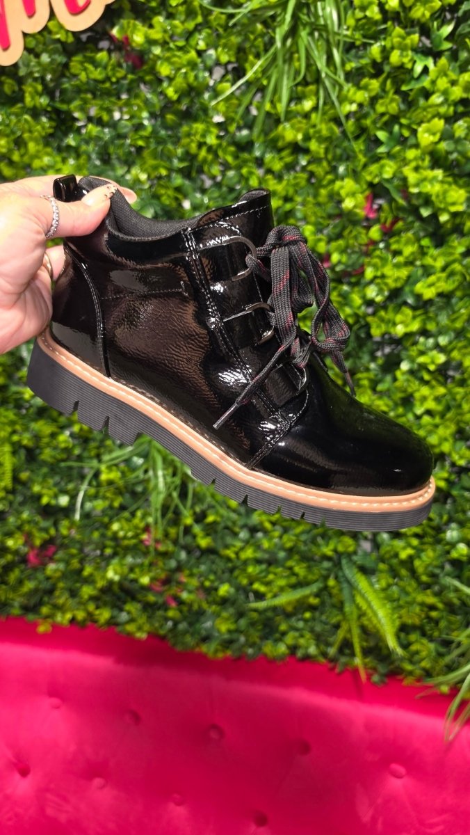 Corky's Black Crinkle Patent Campfire Boots - Macoma Boutique303 Mules & Boots