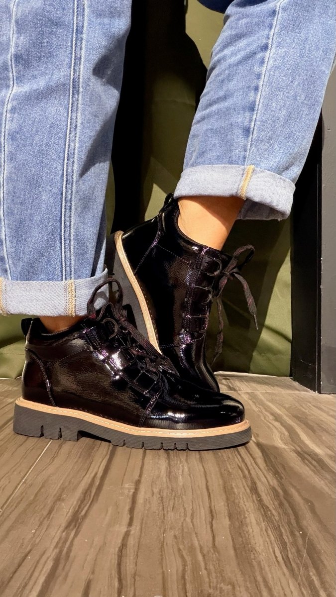 Corky's Black Crinkle Patent Campfire Boots - Macoma Boutique303 Mules & Boots