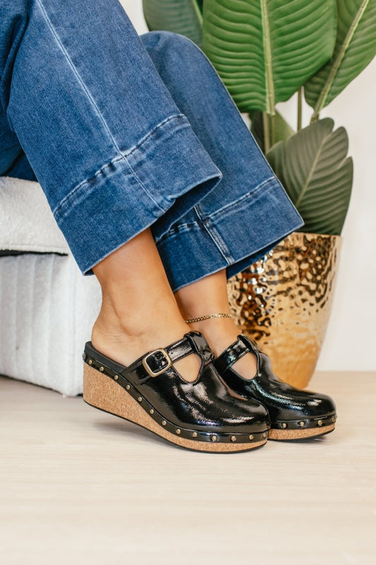 Corky's Black Crinkle Patent In The Moment Wedges - Macoma Boutique302 Wedges & Heels