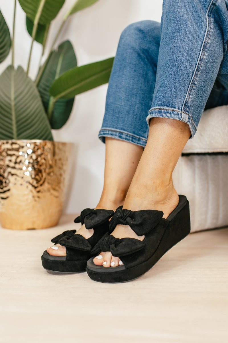 Corky's Black Faux Suede Bowed Up Sandals - Macoma Boutique302 Wedges & Heels