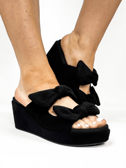 Corky's Black Faux Suede Bowed Up Sandals - Macoma Boutique302 Wedges & Heels
