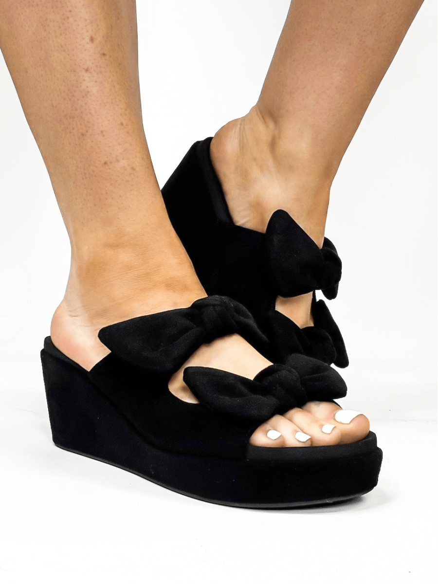 Corky's Black Faux Suede Bowed Up Sandals - Macoma Boutique302 Wedges & Heels