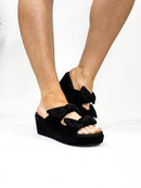 Corky's Black Faux Suede Bowed Up Sandals - Macoma Boutique302 Wedges & Heels