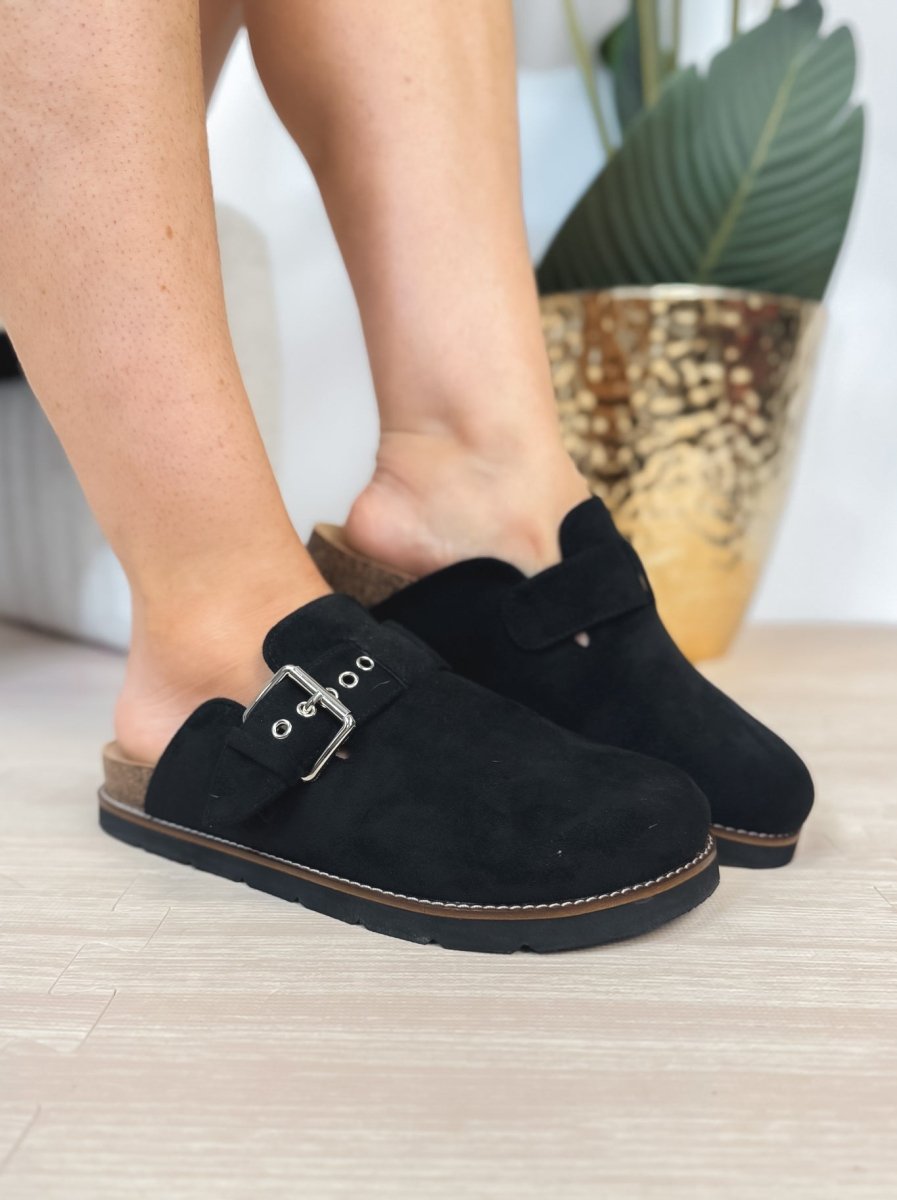 Corky's Black Faux Suede Day Dream Shoes - Macoma Boutique303 Mules & Boots