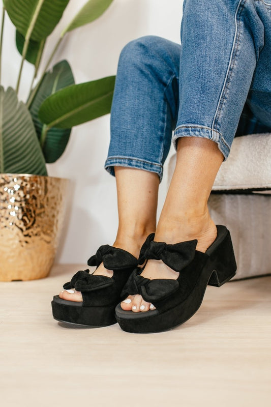 Corky's Black Faux Suede Put A Bow On It Sandals - Macoma Boutique302 Wedges & Heels