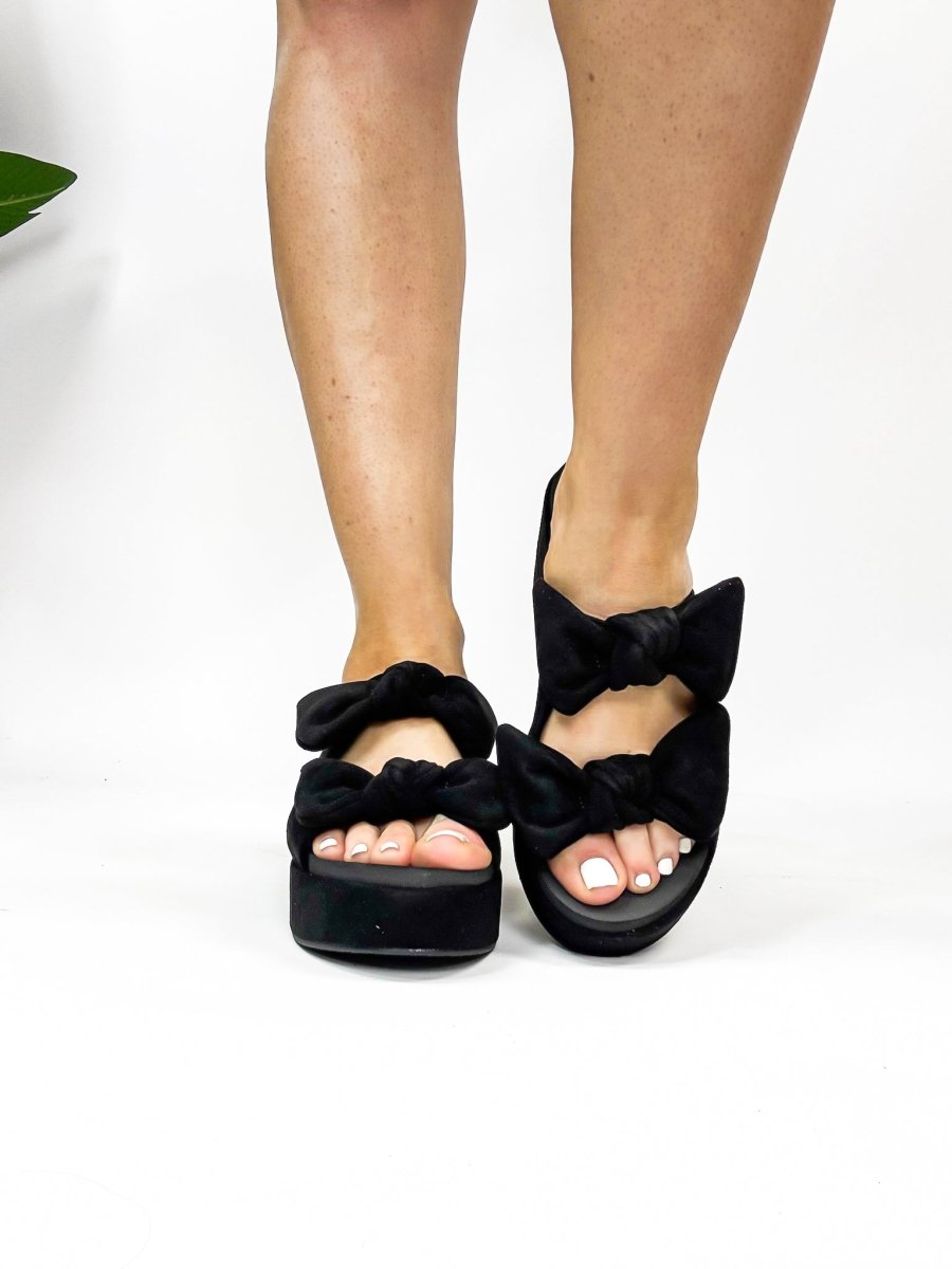 Corky's Black Faux Suede Put A Bow On It Sandals - Macoma Boutique302 Wedges & Heels