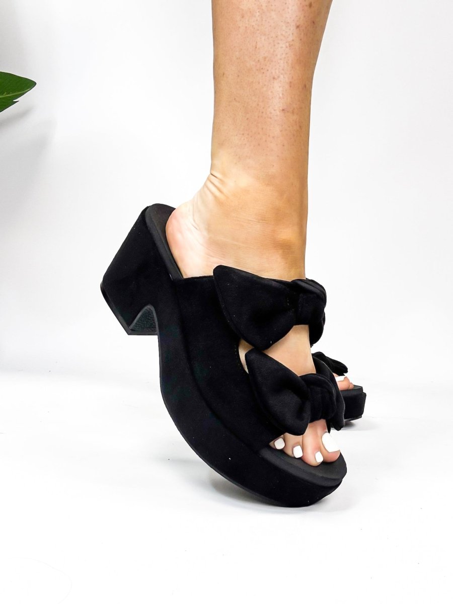Corky's Black Faux Suede Put A Bow On It Sandals - Macoma Boutique302 Wedges & Heels