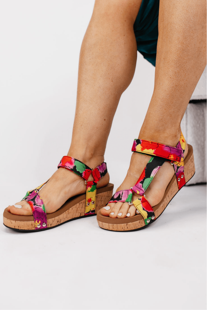 Corky's Black Floral Don't Tempt Me Sandals - Macoma Boutique302 Wedges & Heels