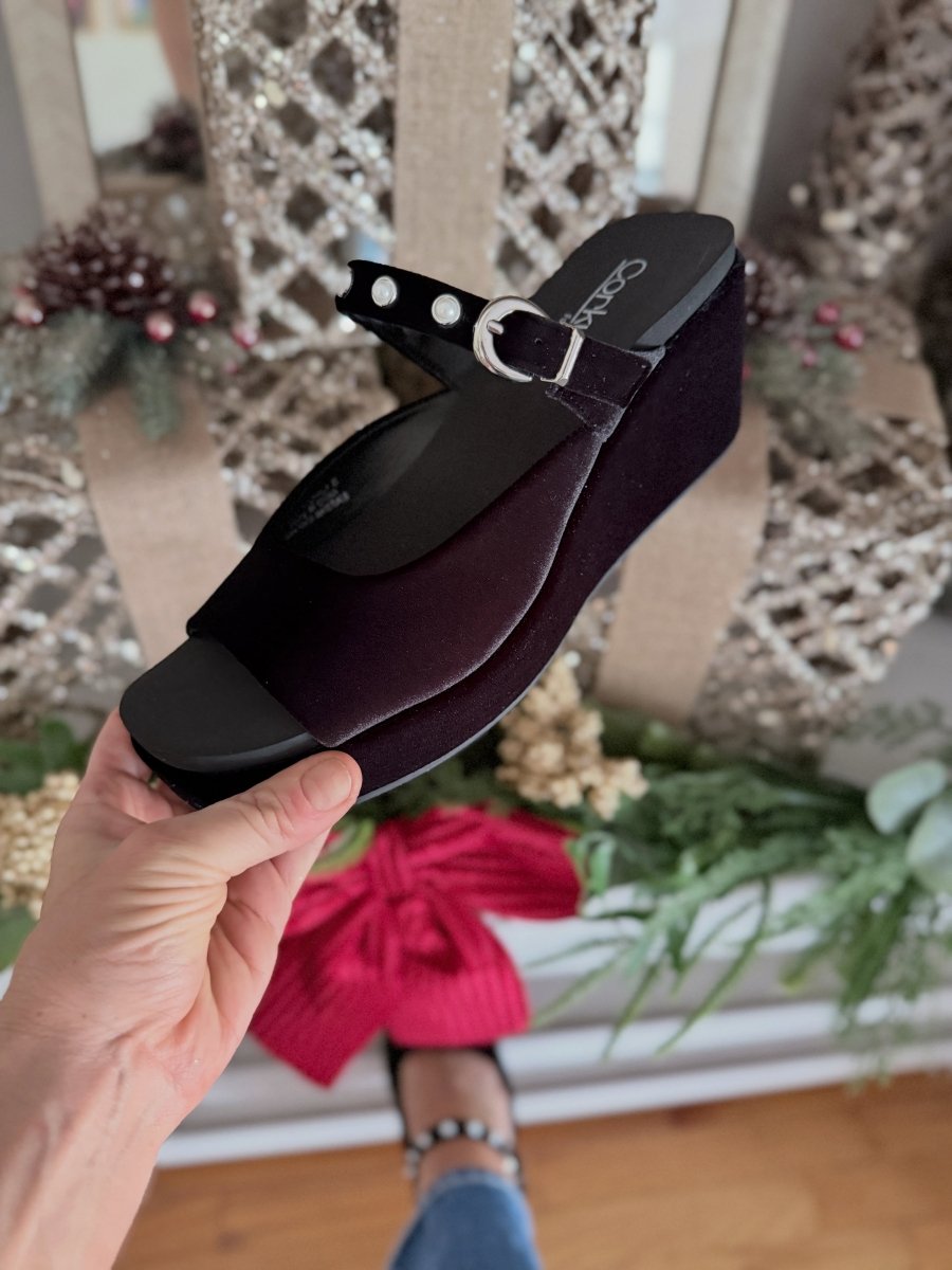 Corkys Black Velvet Treat Yourself Wedges, black velvet platform wedge sandals with pearl ankle strap