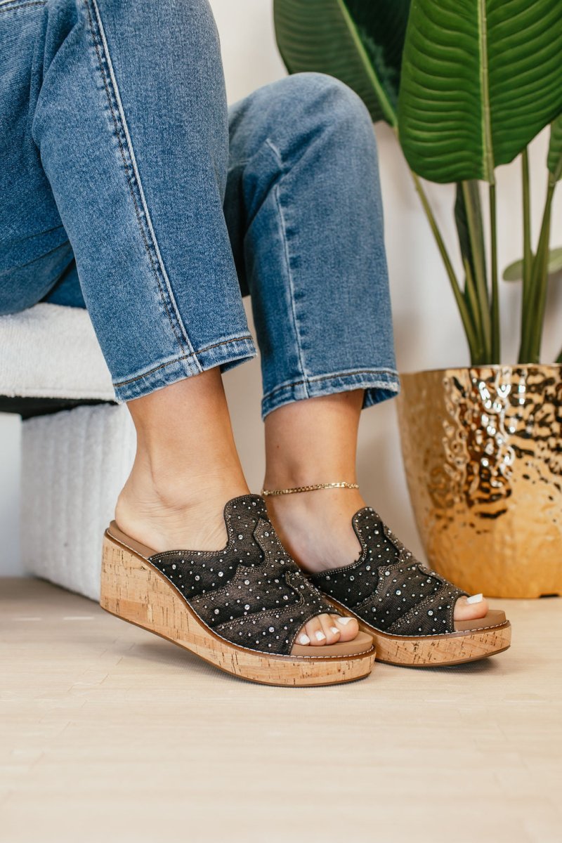 Corky's Black Washed Denim Rhinestone Neon Moon Sandals - Macoma Boutique302 Wedges & Heels