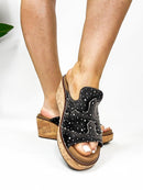 Corky's Black Washed Denim Rhinestone Neon Moon Sandals - Macoma Boutique302 Wedges & Heels