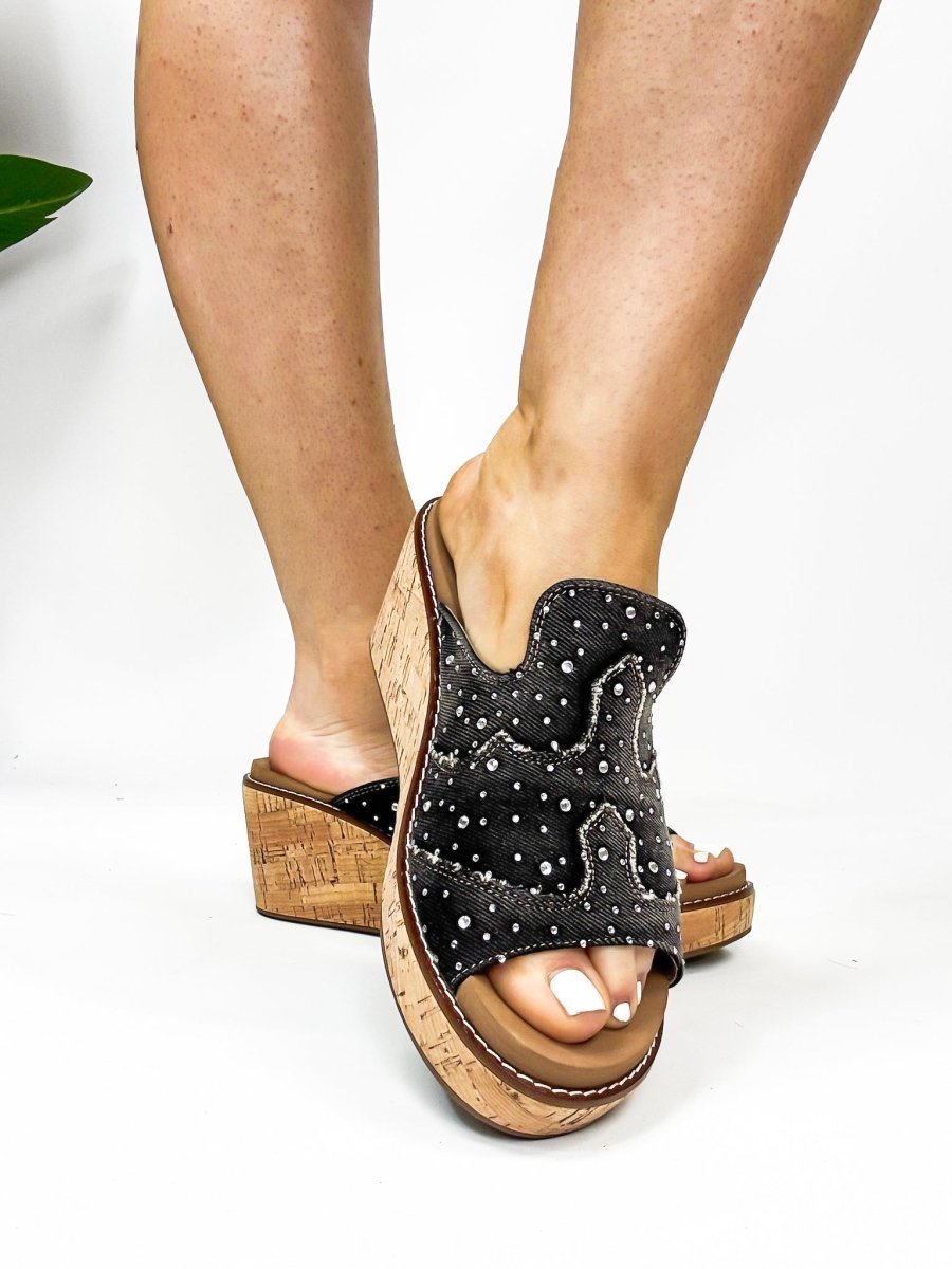 Corky's Black Washed Denim Rhinestone Neon Moon Sandals - Macoma Boutique302 Wedges & Heels