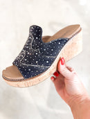 Corky's Black Washed Denim Rhinestone Neon Moon Sandals - Macoma Boutique302 Wedges & Heels