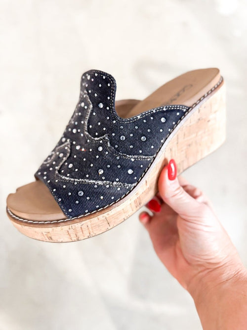 Corky's Black Washed Denim Rhinestone Neon Moon Sandals - Macoma Boutique302 Wedges & Heels