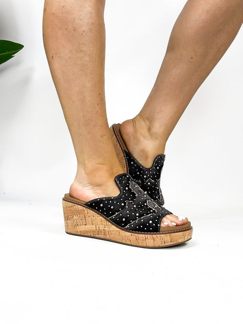Corky's Black Washed Denim Rhinestone Neon Moon Sandals - Macoma Boutique302 Wedges & Heels