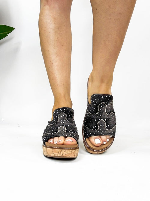 Corky's Black Washed Denim Rhinestone Neon Moon Sandals - Macoma Boutique302 Wedges & Heels