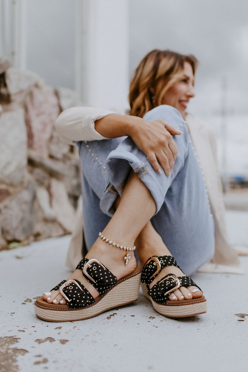 Corky's Black White Polka Dot Manifest Wedges - Macoma Boutique302 Wedges & Heels