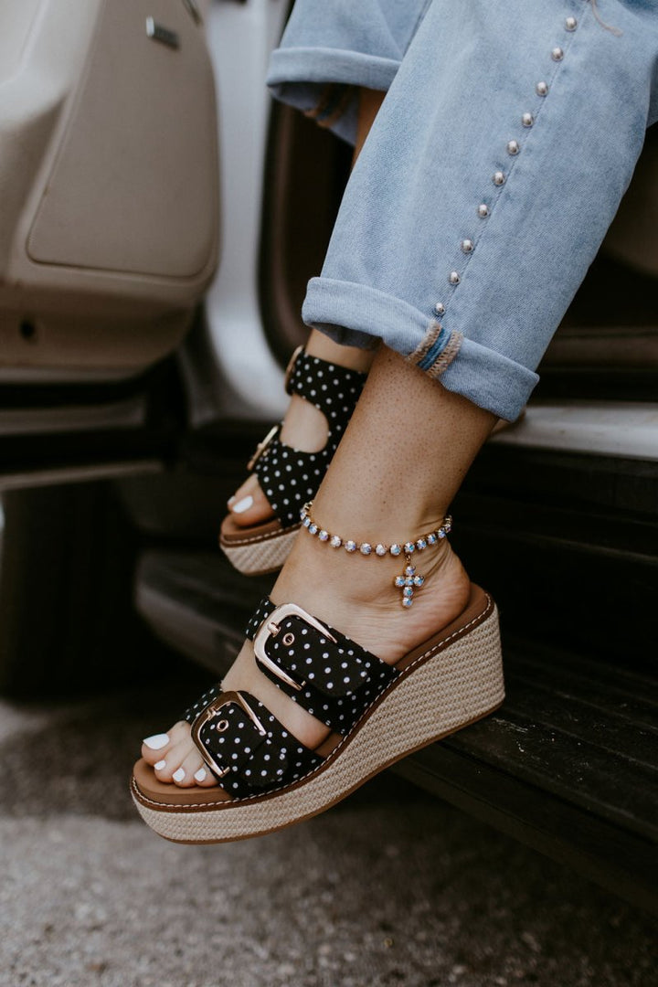 Corky's Black White Polka Dot Manifest Wedges - Macoma Boutique302 Wedges & Heels