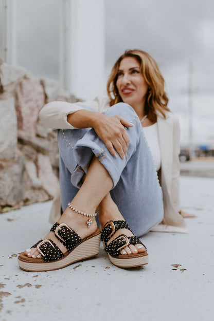 Corky's Black White Polka Dot Manifest Wedges - Macoma Boutique302 Wedges & Heels