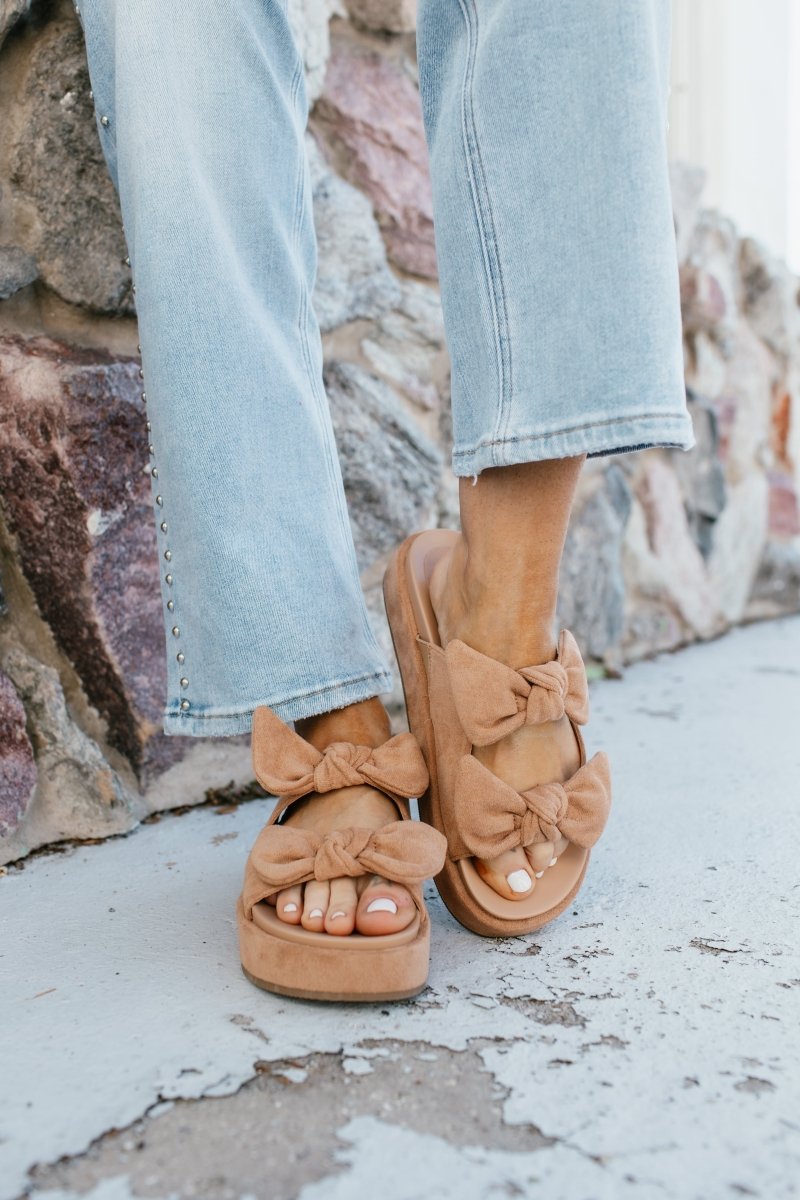 Corky's Camel Faux Suede Lil Bit Knotty Sandals - Macoma Boutique304 Sandals