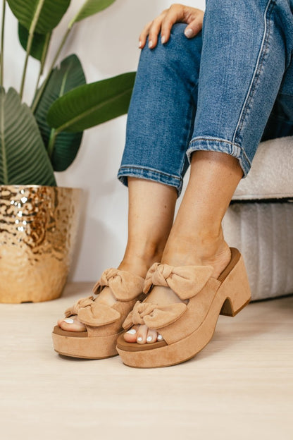 Corky's Camel Faux Suede Put A Bow On It Sandals - Macoma Boutique302 Wedges & Heels