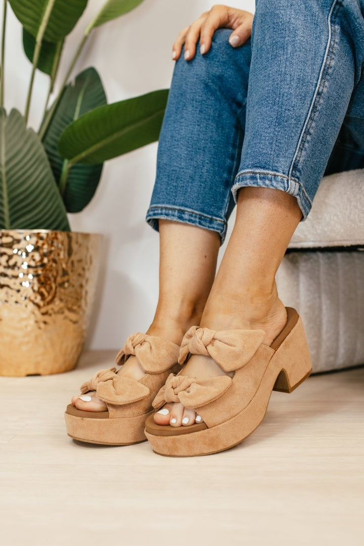 Corky's Camel Faux Suede Put A Bow On It Sandals - Macoma Boutique302 Wedges & Heels