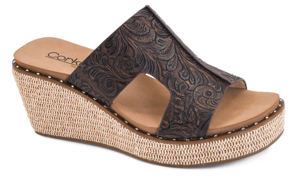Corky's Chocolate Embossed Floral Kiss N Tell Wedges - Macoma Boutique302 Wedges & Heels
