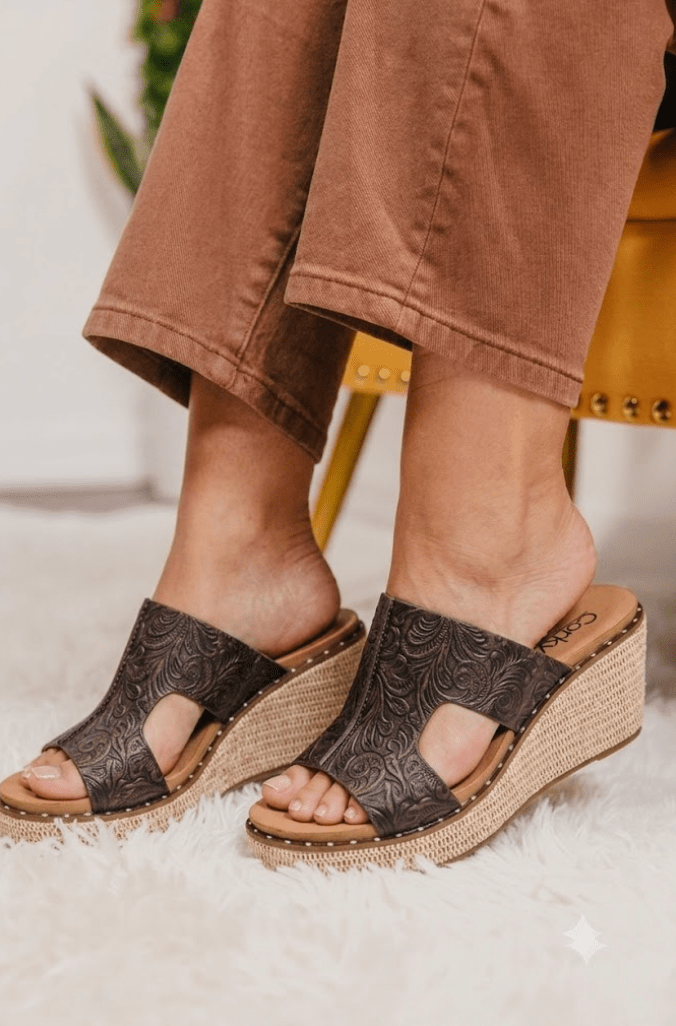 Corky's Chocolate Embossed Floral Kiss N Tell Wedges - Macoma Boutique302 Wedges & Heels