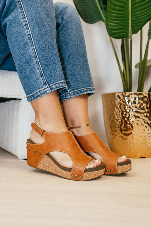 Corky's Cognac Smooth Carley Sandals - Macoma Boutique302 Wedges & Heels