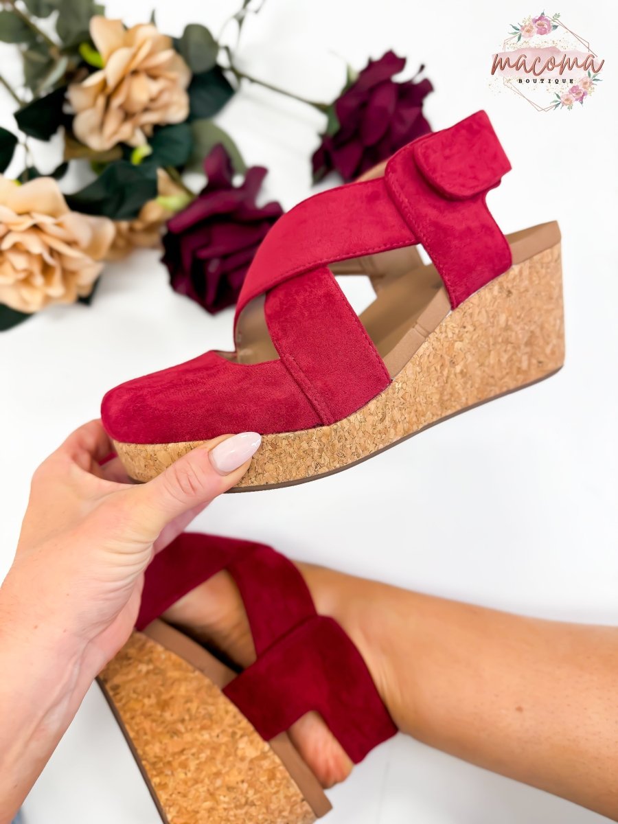 Corky's Dark Red Faux Suede Case Closed Shoes - Macoma Boutique302 Wedges & Heels
