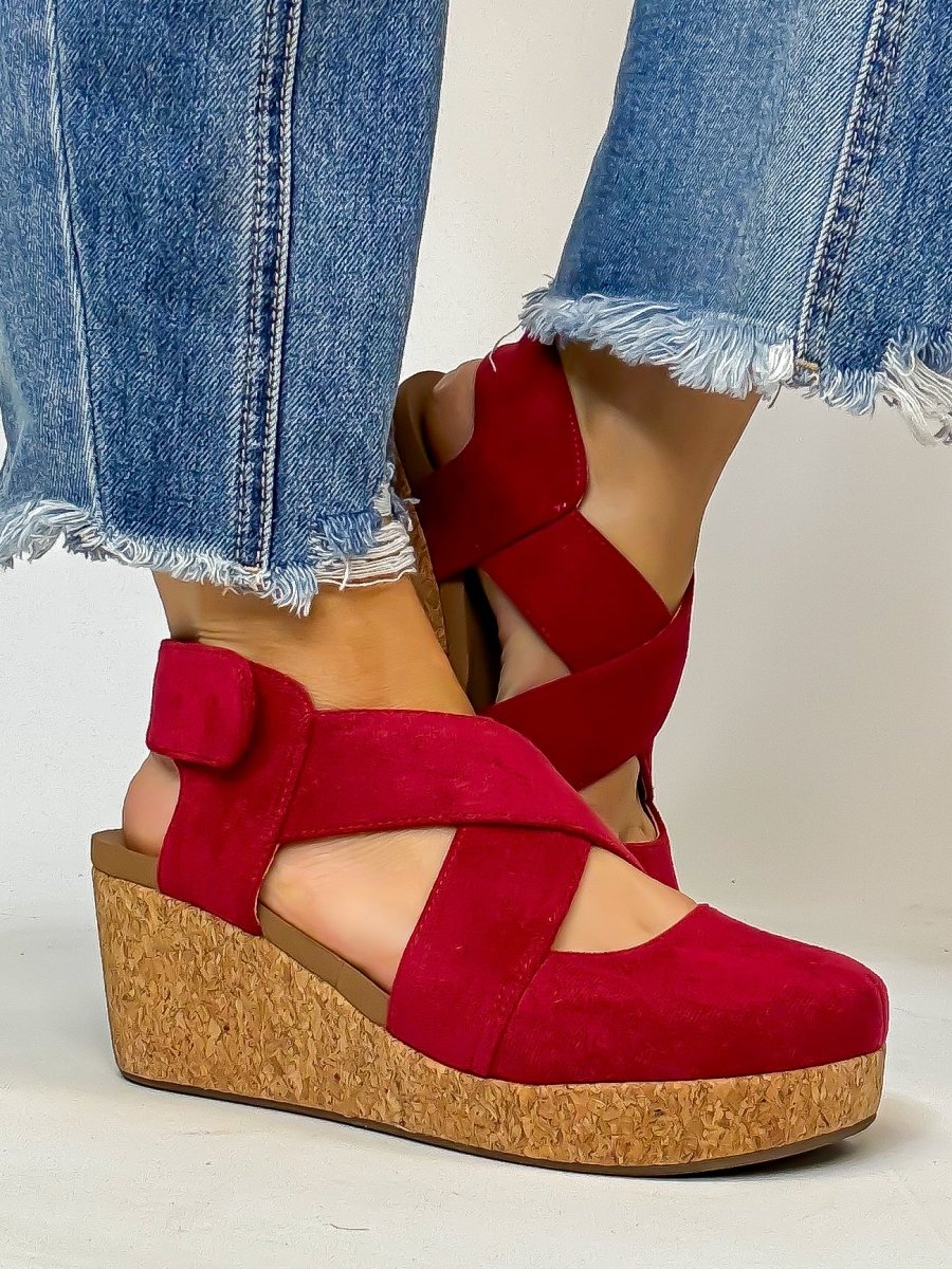 Corky's Dark Red Faux Suede Case Closed Shoes - Macoma Boutique302 Wedges & Heels