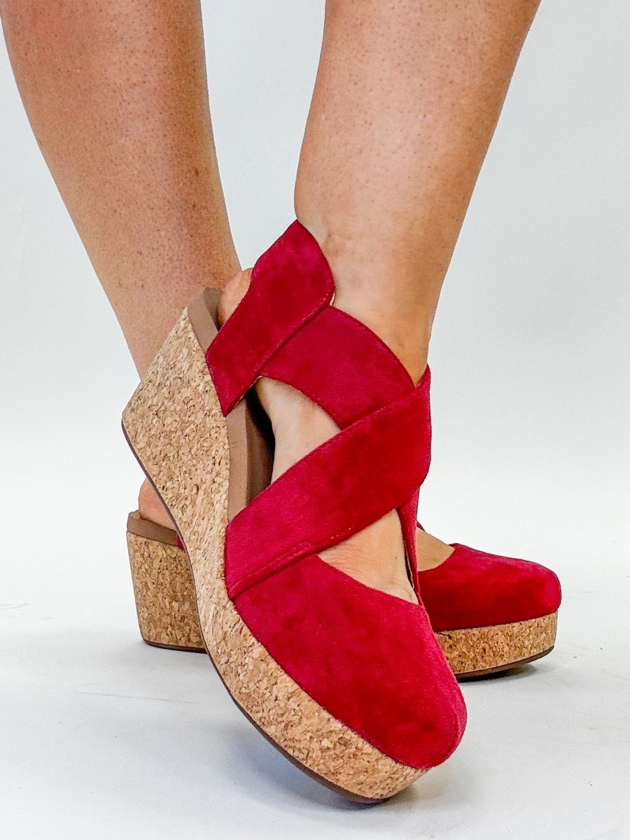 Corky's Dark Red Faux Suede Case Closed Shoes - Macoma Boutique302 Wedges & Heels