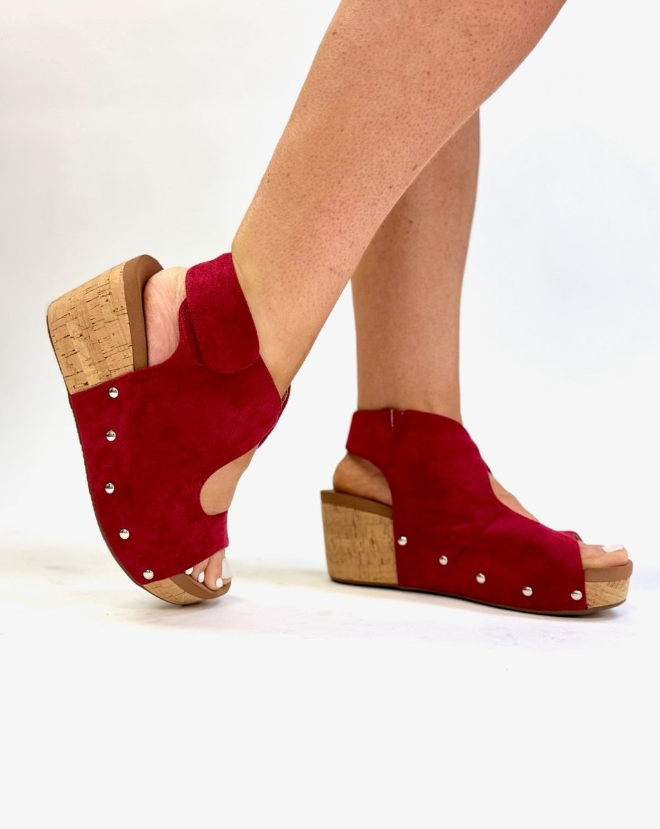 Corky's Dark Red Faux Suede Frisky Sandals - Macoma Boutique302 Wedges & Heels
