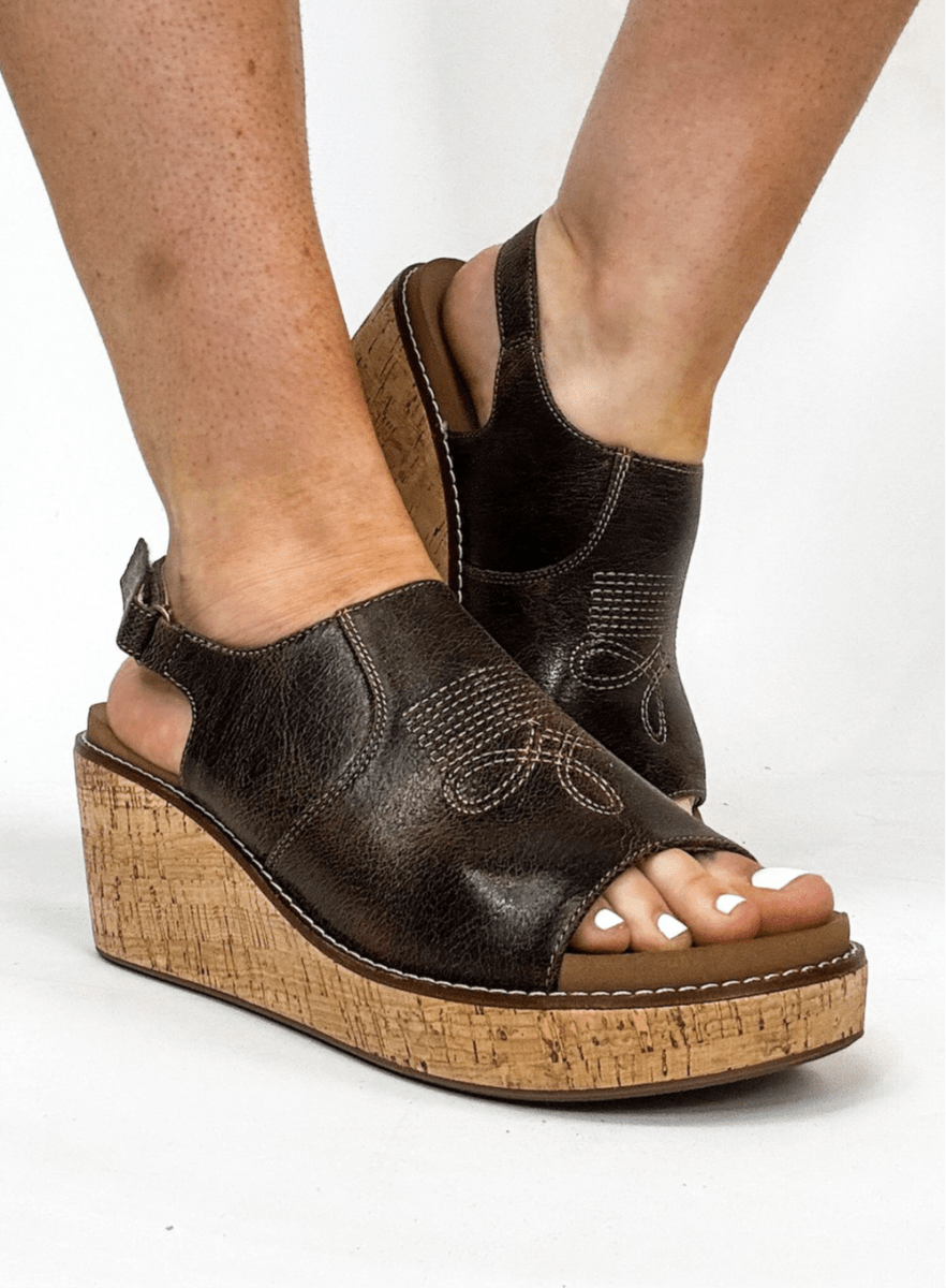 Corky's Espresso Crinkle Most Wanted Sandals - Macoma Boutique302 Wedges & Heels