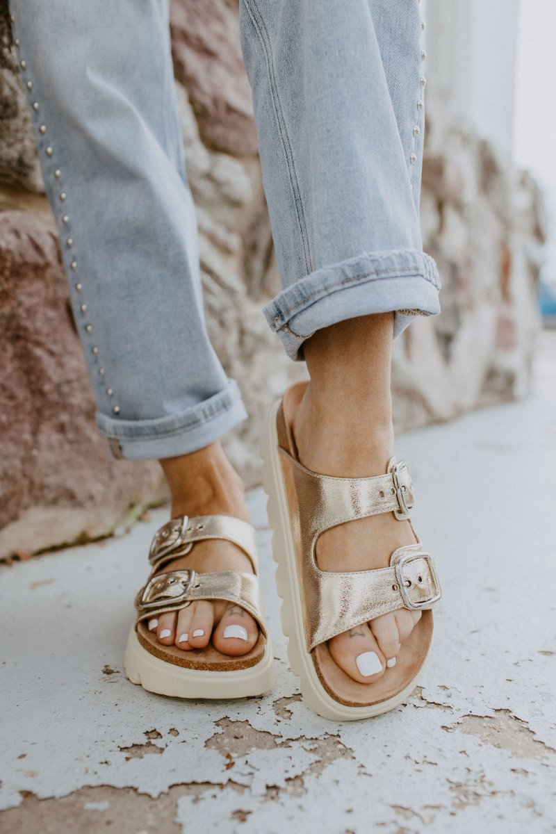Corky's Gold Crinkle Metallic Rumor Has It Sandals - Macoma Boutique304 Sandals
