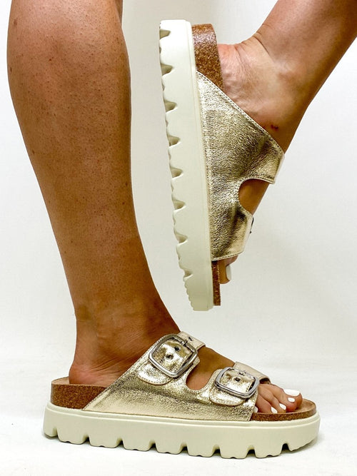 Corky's Gold Crinkle Metallic Rumor Has It Sandals - Macoma Boutique304 Sandals