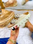 Corky's Gold Crinkle Metallic Rumor Has It Sandals - Macoma Boutique304 Sandals