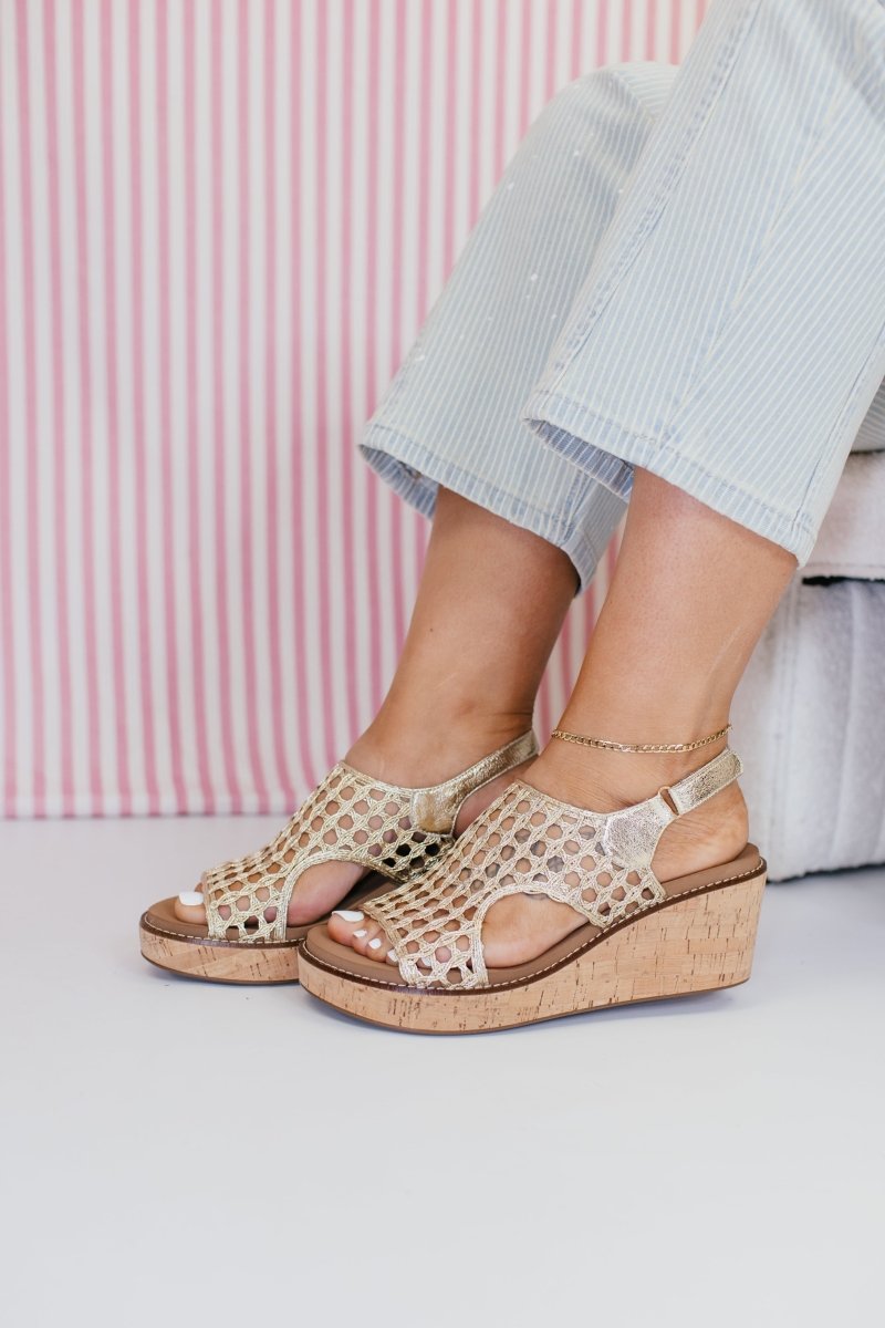 Corky's Gold Woven 2 Carley Sandals - Macoma Boutique302 Wedges & Heels