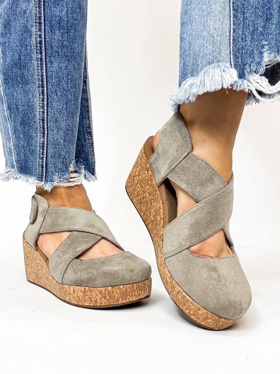 Corky's Grey Faux Suede Case Closed Shoes - Macoma Boutique302 Wedges & Heels