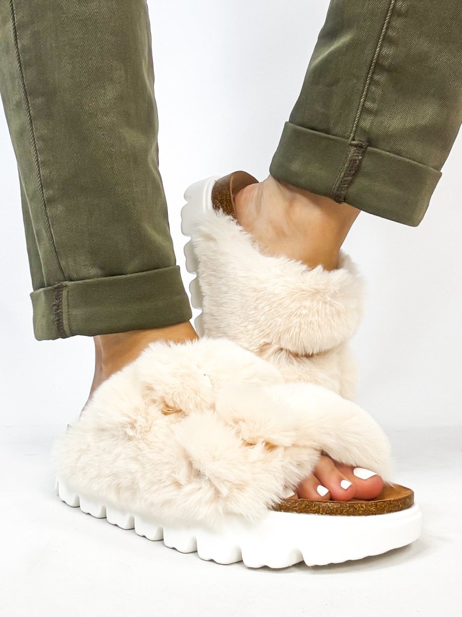 Corky's Ivory Fur Hearsay Sandals - Macoma Boutique304 Sandals