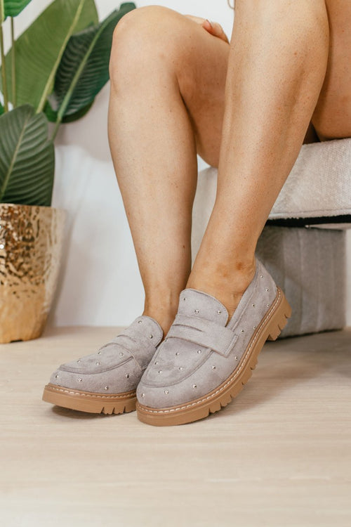 Corky's Light Grey Faux Suede Stud Muffin Shoes - Macoma Boutique305 Flats