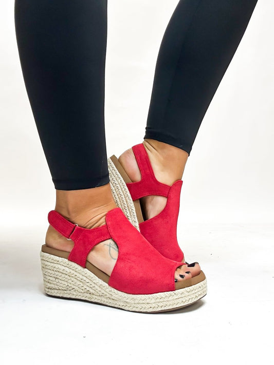 Corky's Red Faux Suede Pose Wedges FINAL SALE - Macoma Boutique302 Wedges & Heels