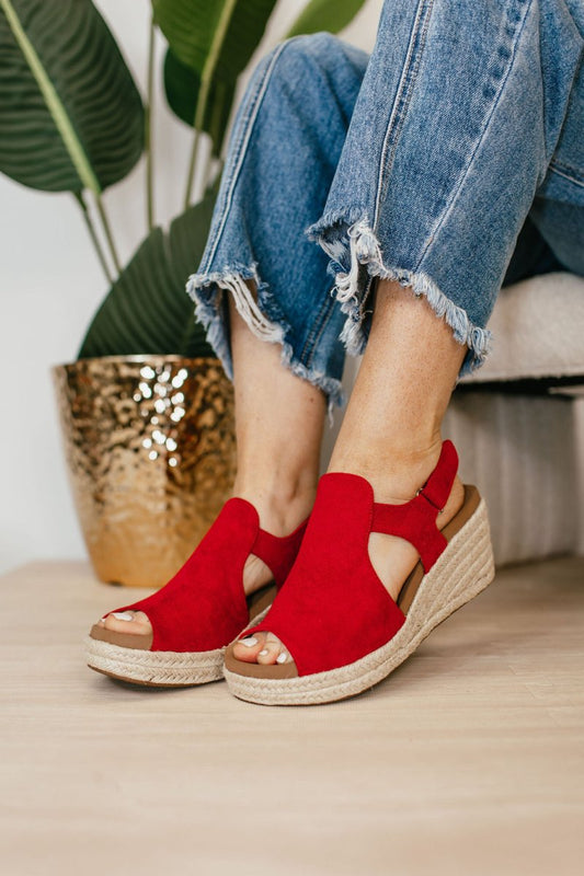 Corky's Red Faux Suede Pose Wedges FINAL SALE - Macoma Boutique302 Wedges & Heels