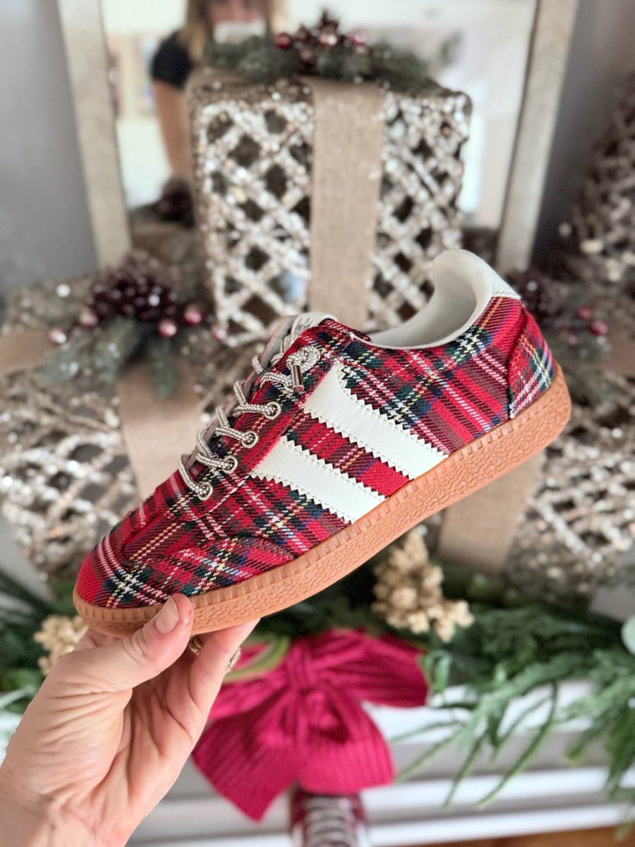 Corkys Red Plaid Heads Up Sneakers, red tartan low-top sneakers with white stripes and rhinestone laces