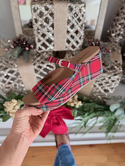 Corkys Red Plaid Treat Yourself Wedges, red tartan platform wedge sandals with buckle ankle strap